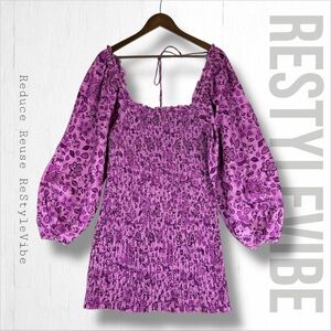 FREE PEOPLE Women’s Size L Dress Mini Ruching Stretch Balloon Sleeves Floral